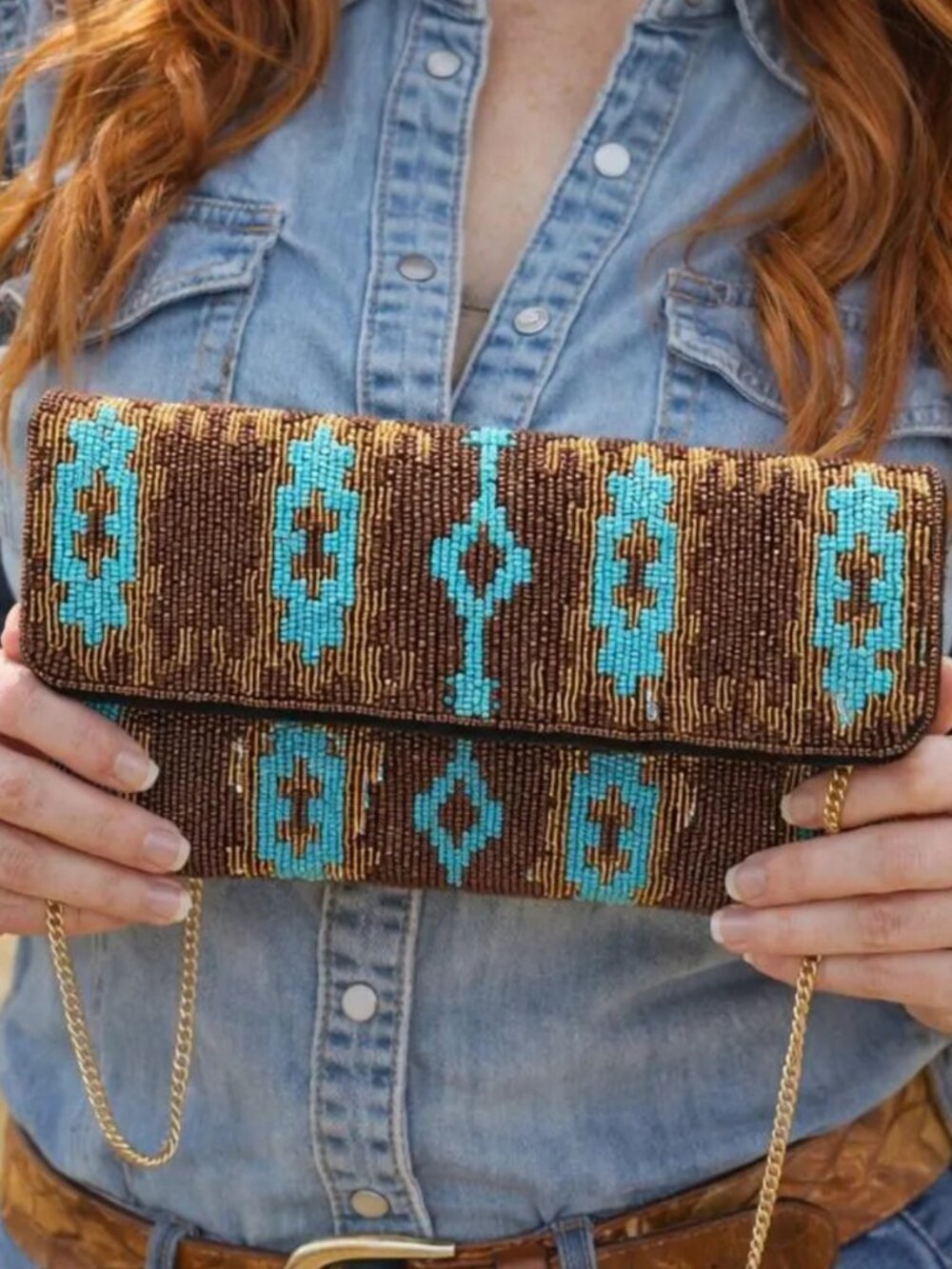Turquoise Western Ikat Gold Metallic Thread Crossbody Clutch Handbag Seed Beaded